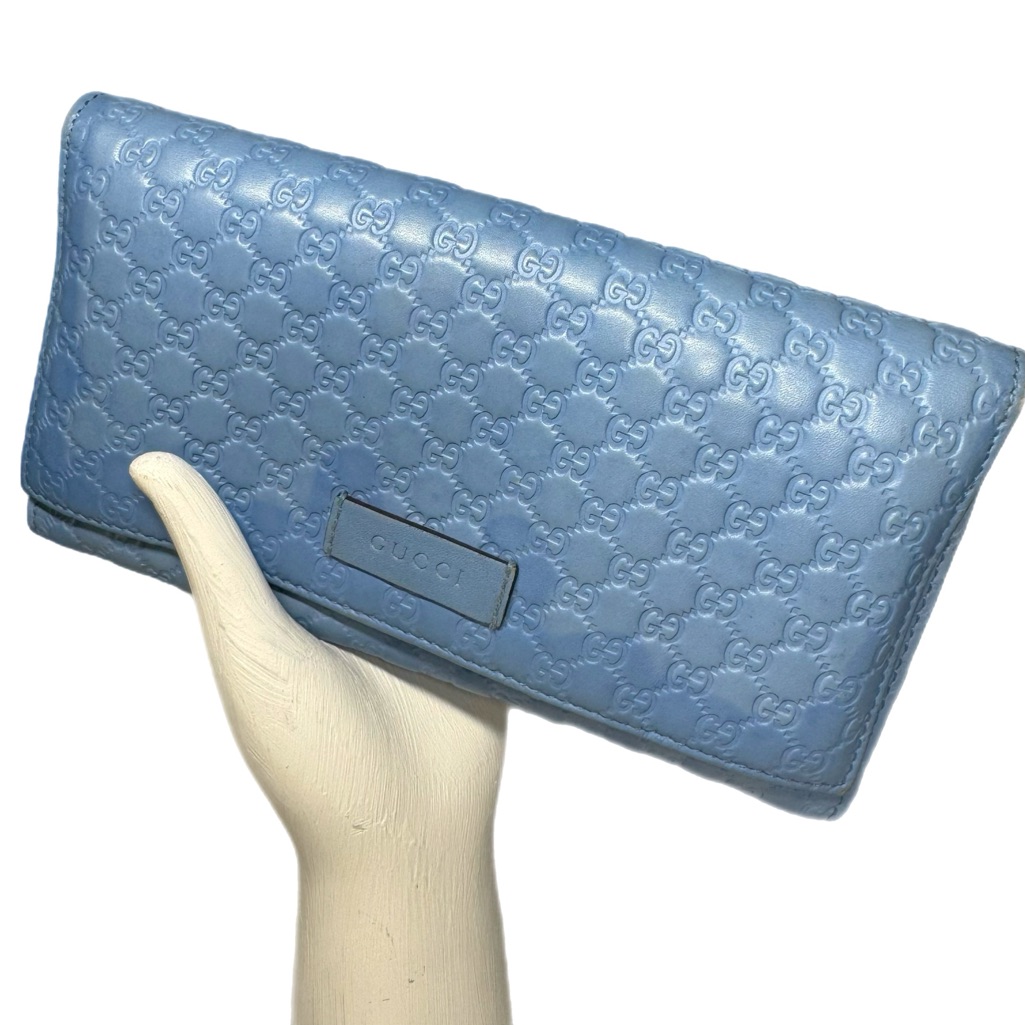 Gucci Authentic Microguccissma Continental Flap Wallet Baby Blue Leather Gg Logo